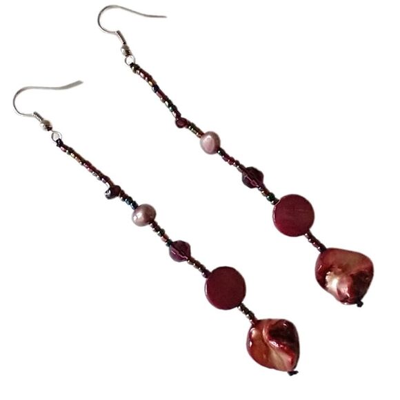 Metallic Shell Graduated Dangle Earrings‎ Glass Beads Handmade Coastal Beach 90s - Picture 9 of 16